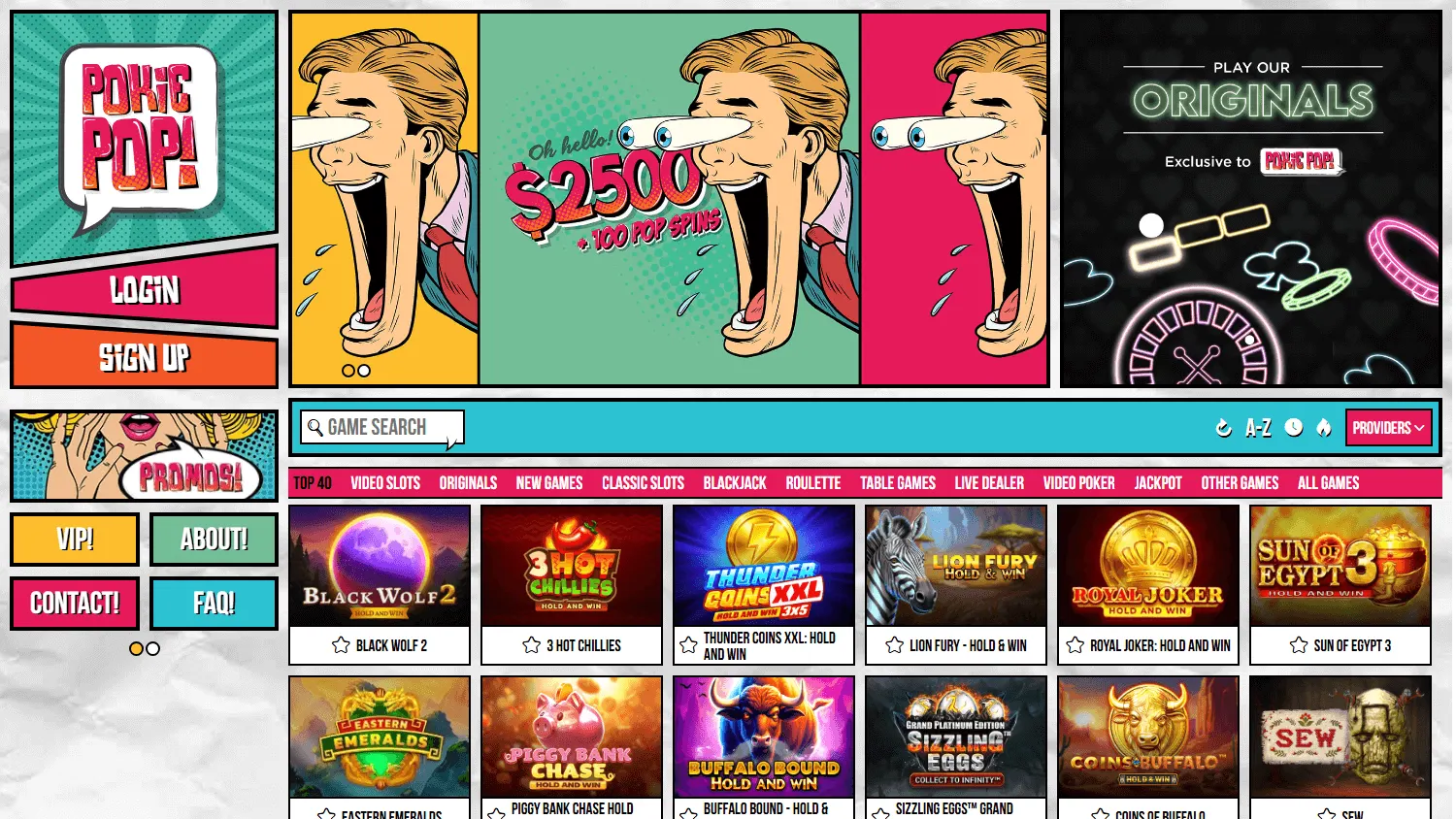 Pokie Pop Casino home experience on a desktop