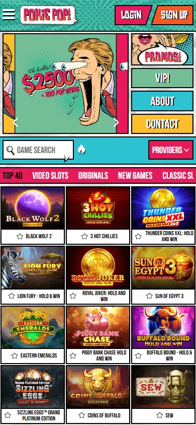 Pokie Pop Casino mobile home experience